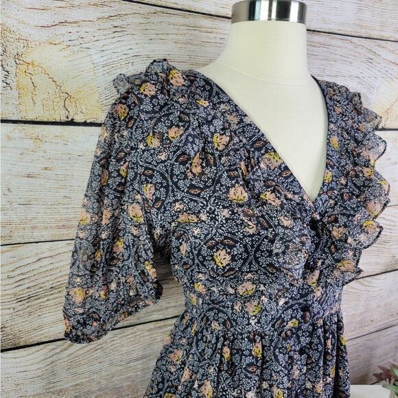 Object Puff Sleeve Button V Neck Paisley Dress 38 - Picture 3 of 9
